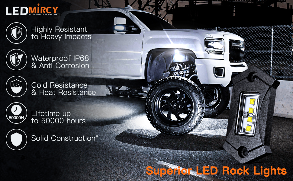 White truck with LED rock lights installed, showcasing impact resistance, waterproof IP68 rating, cold and heat resistance, 50,000-hour lifetime, and solid construction.