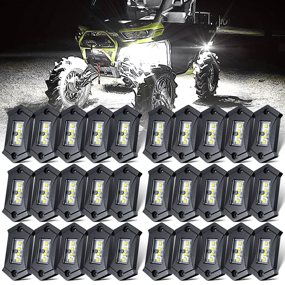 LEDMIRCY R3 white LED rock lights 30-pack heavy-duty underglow pods displayed with illuminated off-road UTV at night for truck, Jeep, and rock crawler chassis lighting