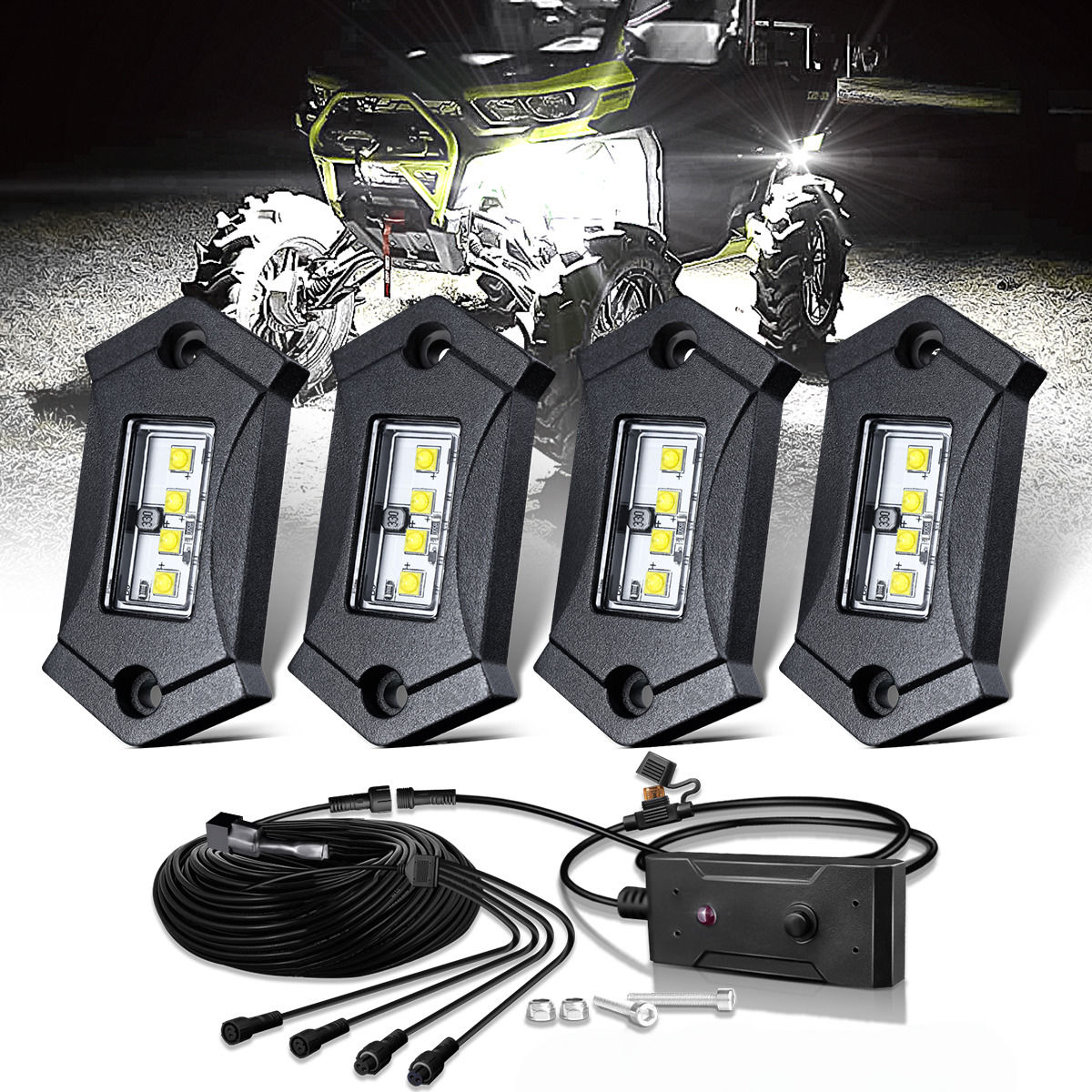 LEDMIRCY R3 white LED rock lights kit 4 pods with plug-and-play switch wiring harness and mounting hardware shown with off-road UTV at night