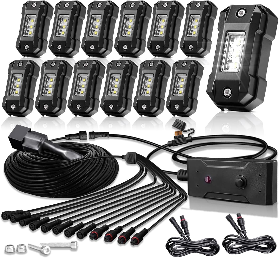 LEDMIRCY R4 12PCS pure white LED rock lights kit with 12-lead wiring harness, on-off switch, 40A relay, and mounting hardware