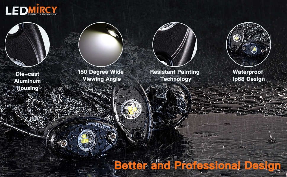 LED R1 Rock Lights 2PCS White with IP68 waterproof rating, die-cast aluminum housing, 150° wide viewing angle, and resistant painting technology, shown in wet conditions to highlight durability.