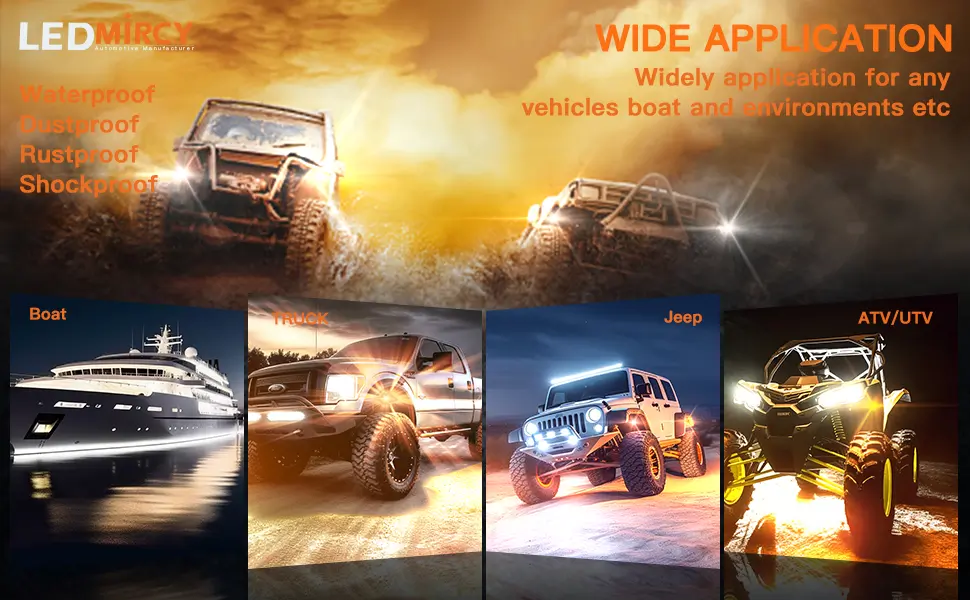 Switchback LEDMIRCY Rock Lights Kit with 12 pods, waterproof and shockproof, perfect for boats, trucks, jeeps, and ATVs in various terrains.