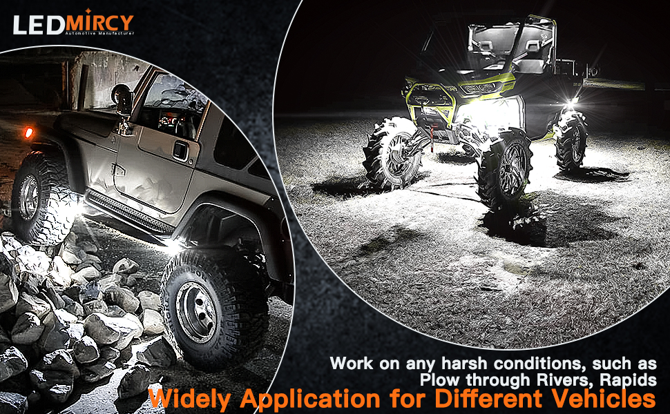 LED R1 Rock Lights 2PCS White installed on various vehicles, highlighting versatility and durability for off-road, engineering, and specialized vehicles.