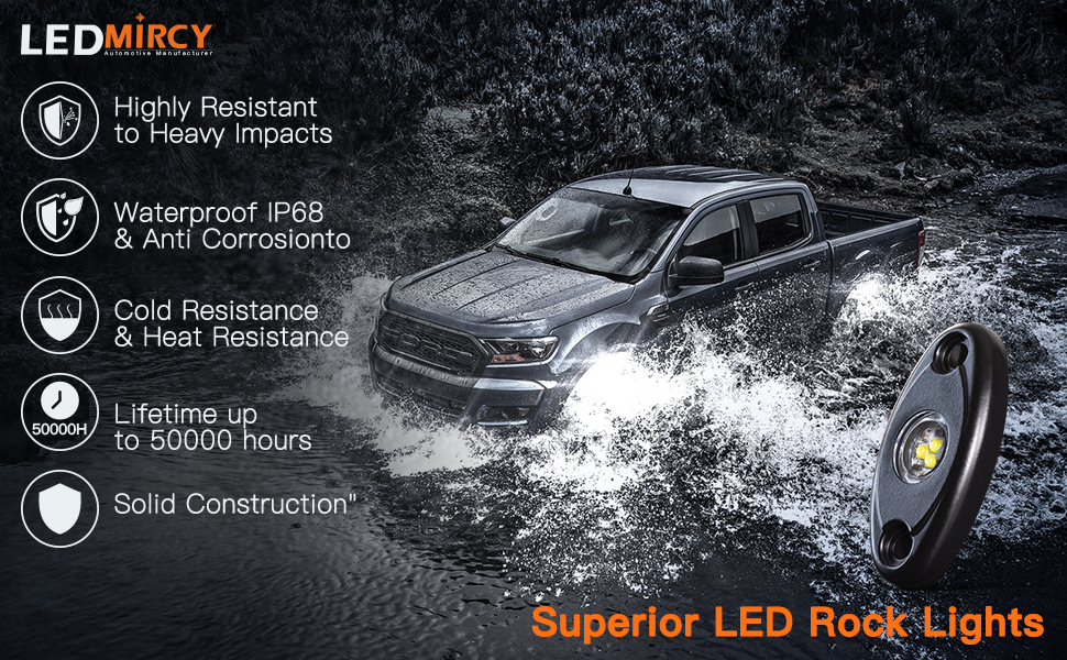 LED R1 Rock Lights 2PCS White, IP68 waterproof and impact-resistant, shown with a truck crossing rugged terrain to highlight durability.
