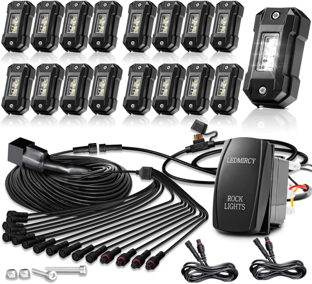 Complete 16-piece LEDMIRCY R4 pure white LED rock lights kit including wiring harness, rocker switch, and mounting hardware for off-road vehicles and trucks.