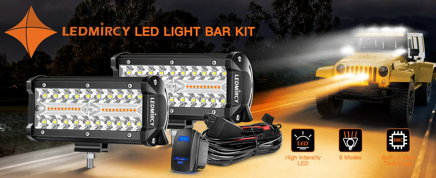 LEDMIRCY 7 Inch LED Light Bar Kit with Rocker Switch and 6 Modes