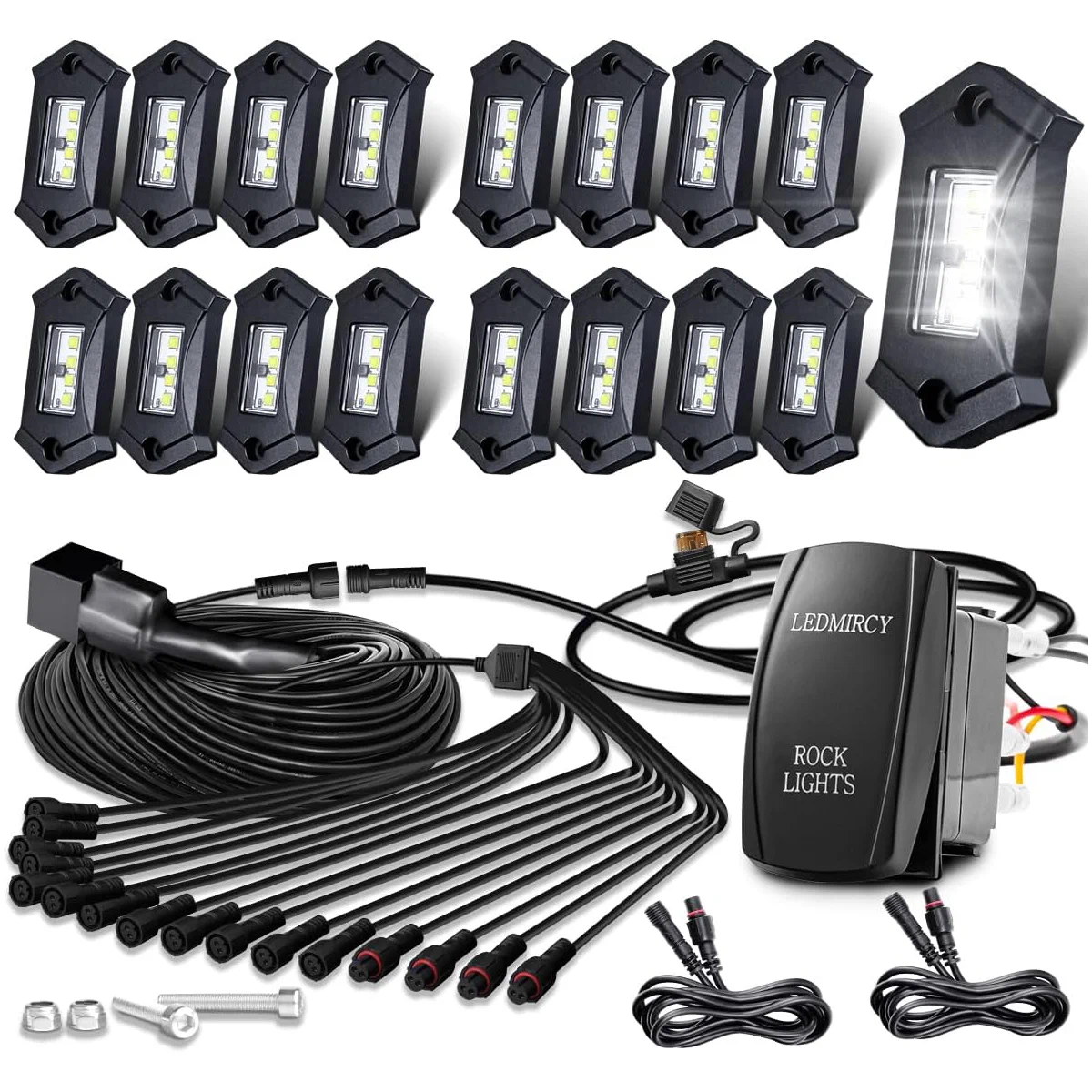 LEDMIRCY R3 White Rock Lights Kit with Rocker Switch Wire Harness 16PCS ...
