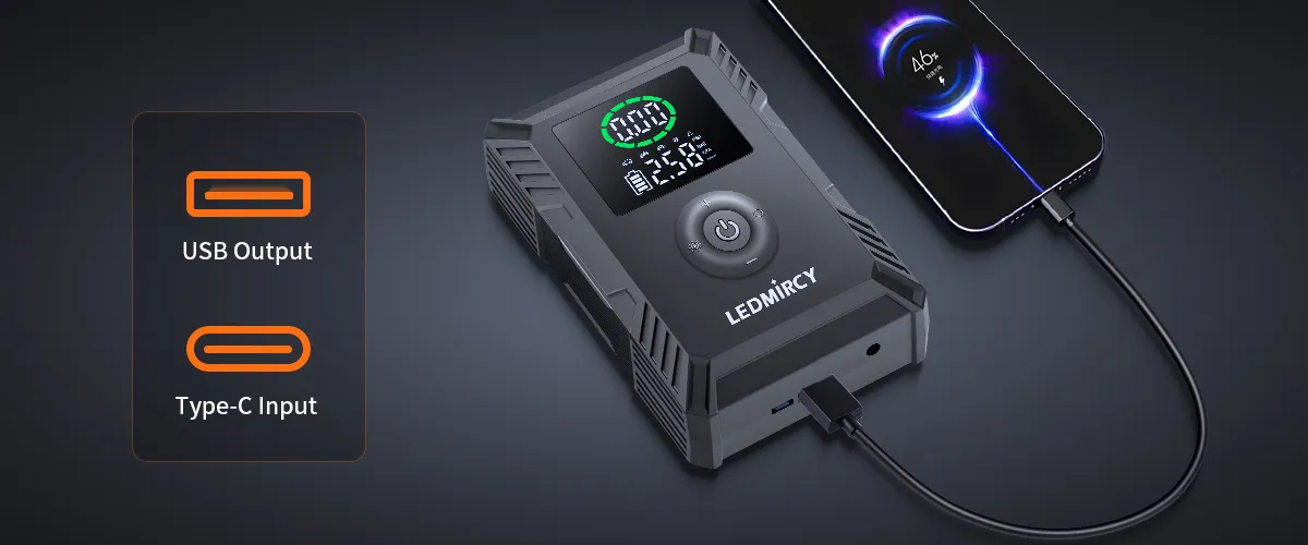 T2 portable cordless tire inflator charging a smartphone