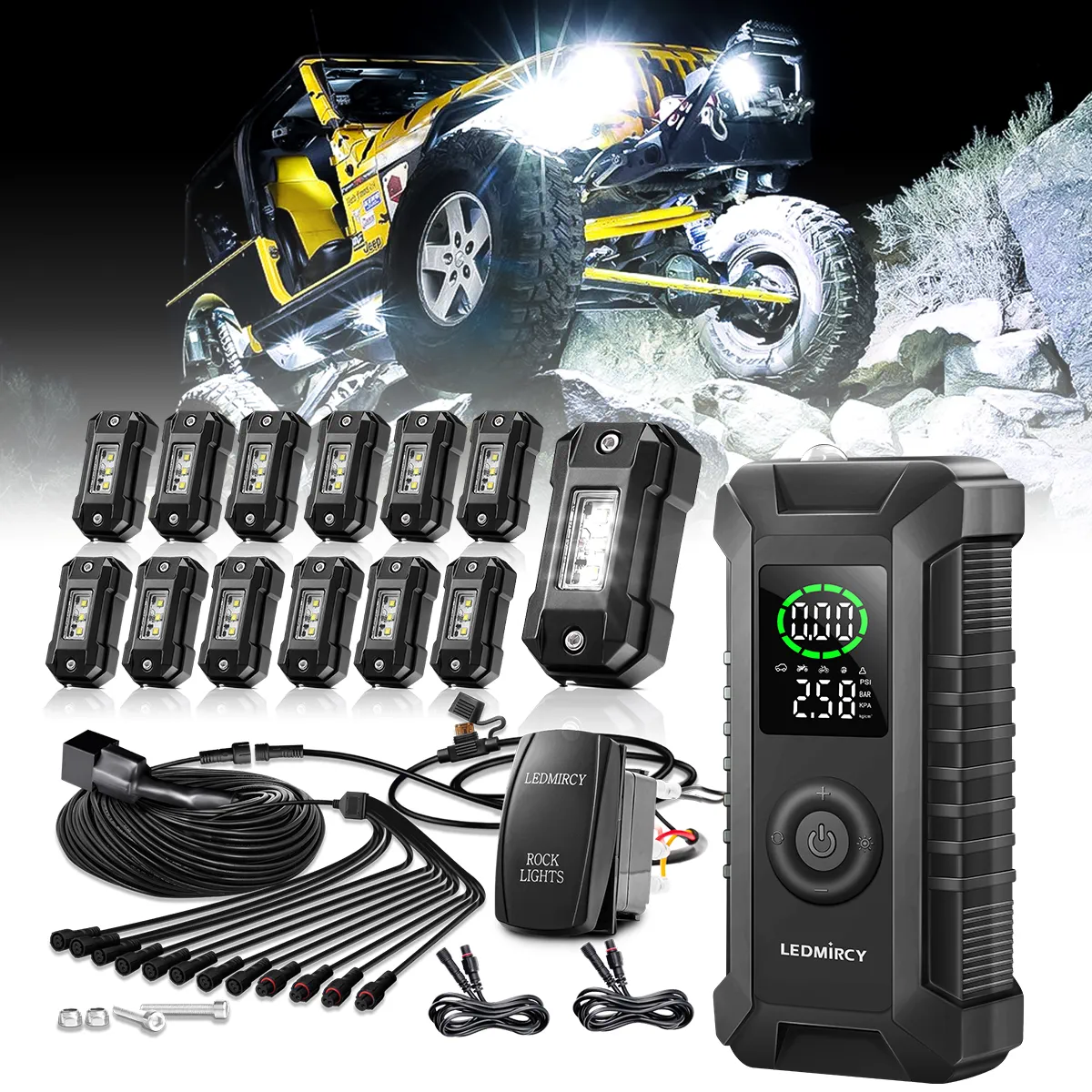 T1 Portable Tire Inflator & R4 12PCS Pure White LED Rock Lights Kit with Rocker Switch (Bundle)