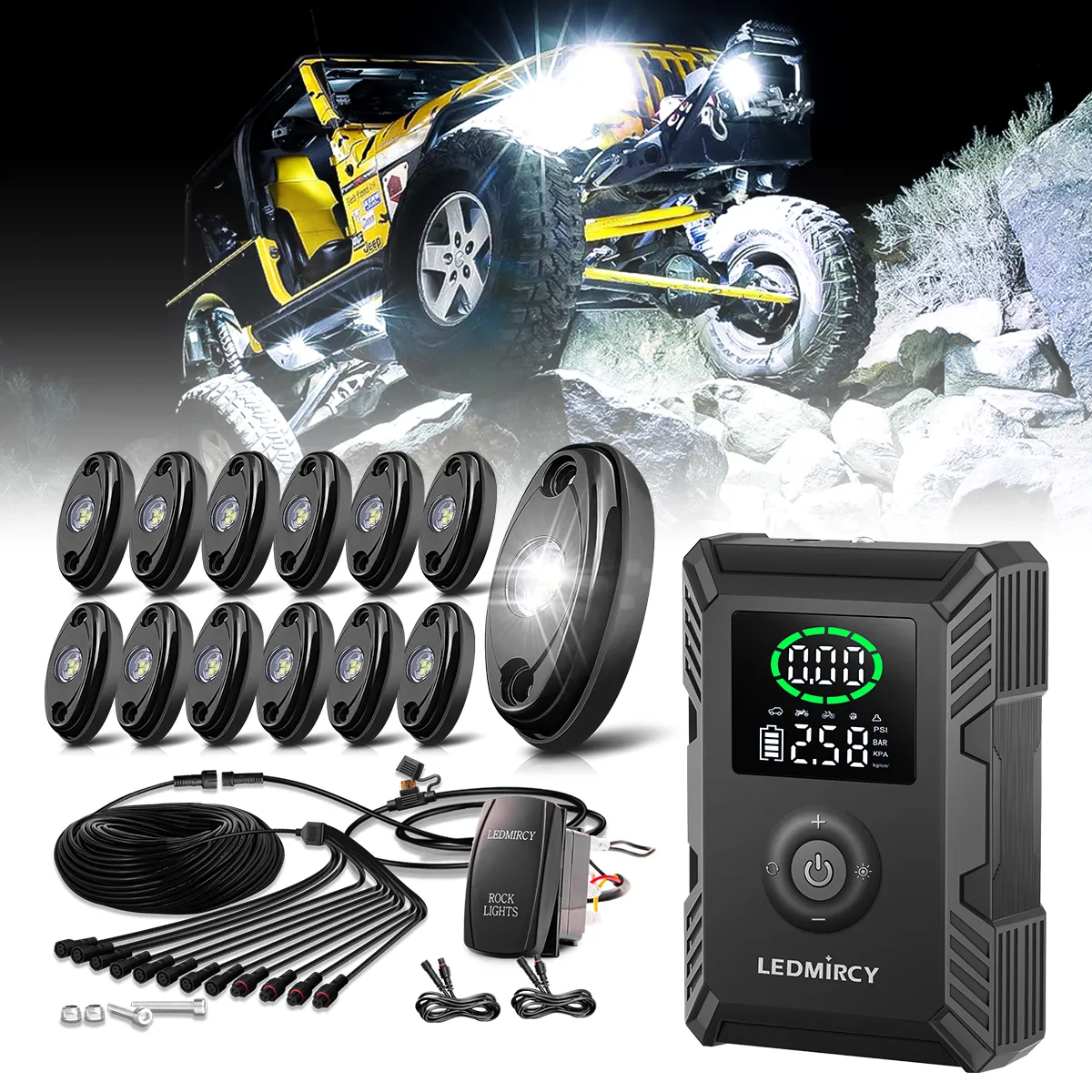 T2 Portable Tire Inflator & R1 12PCS Pure White LED Rock Lights Kit with Rocker Switch (Bundle)