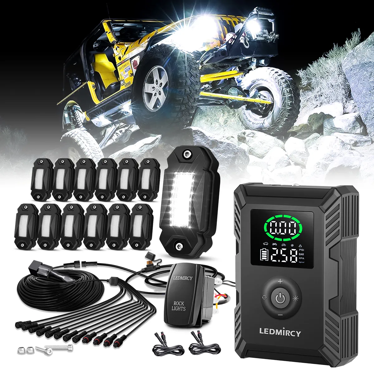T2 Portable Tire Inflator & R2 12PCS Pure White LED Rock Lights Kit with Rocker Switch (Bundle)