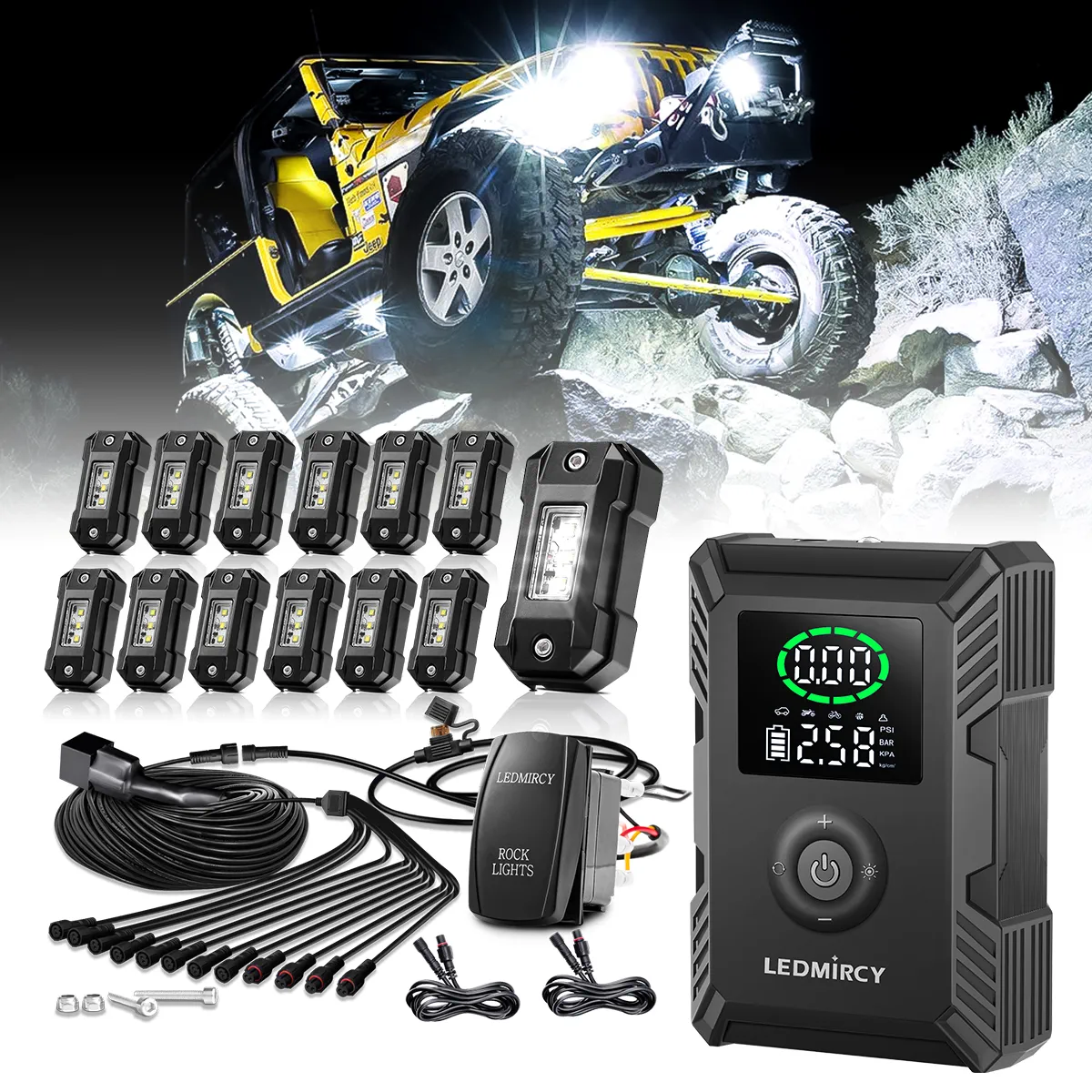 T2 Portable Tire Inflator & R4 12PCS Pure White LED Rock Lights Kit with Rocker Switch (Bundle)