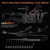 LEDMIRCY 12-Leads Rock Lights Wiring Harness Installation Diagram showing wire lengths, on/off switch, relay, fuse, and connection points for Jeeps, Trucks, and UTVs