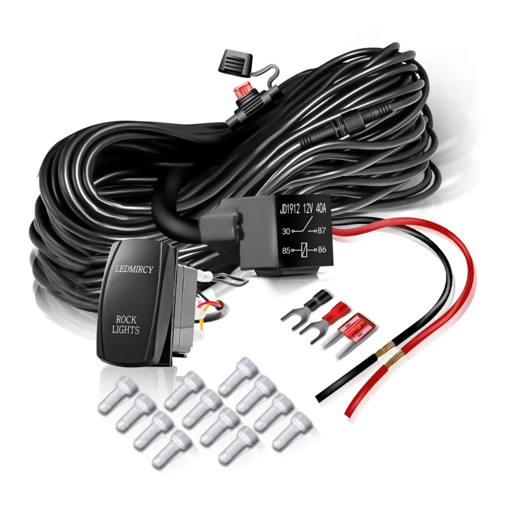 LEDMIRCY rock lights wiring harness kit with waterproof rocker switch, 12 leads easy installation for Jeep, truck, and UTV