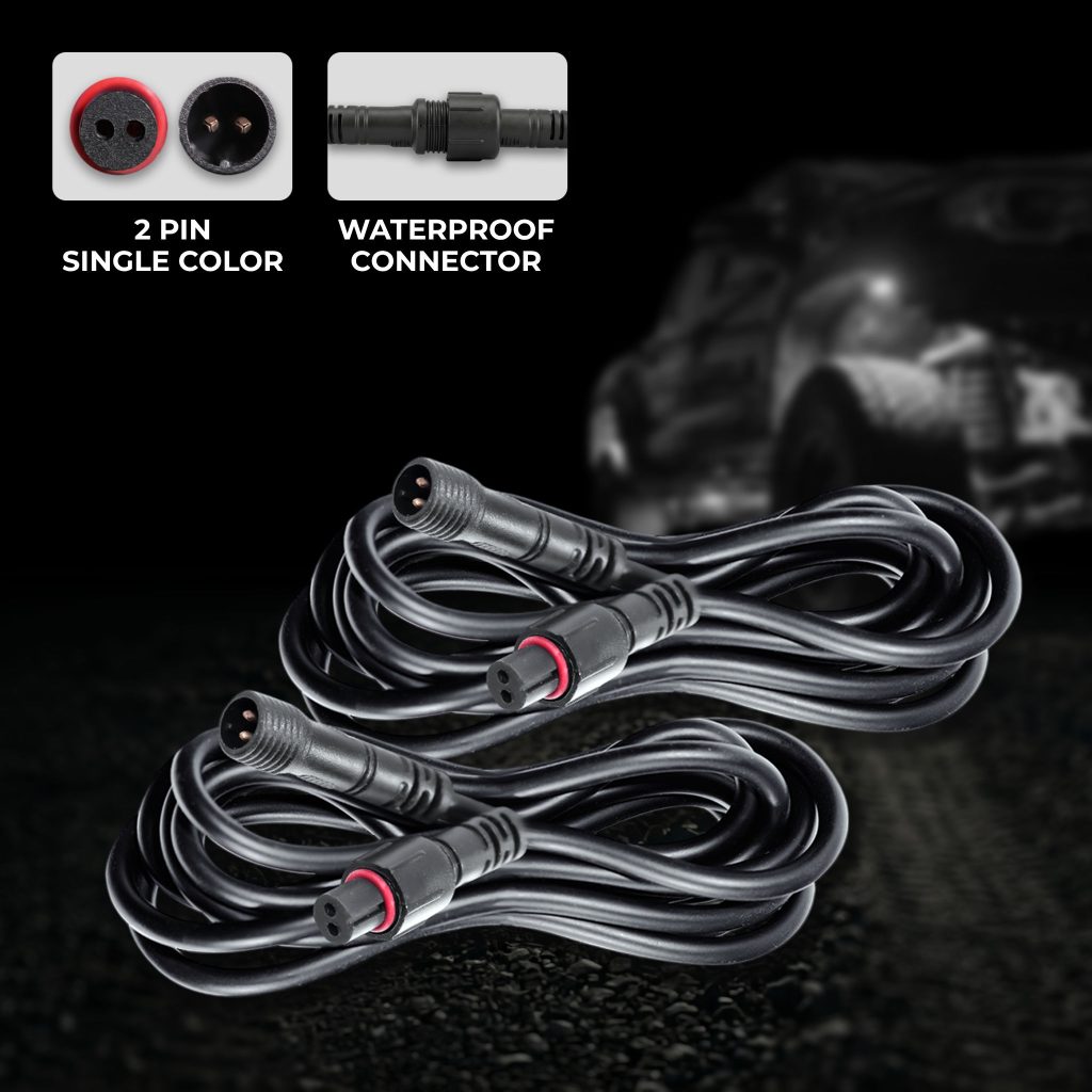 Main image showing a 2-pack of 5ft rock light extension cables, featuring close-ups of the 2-pin single-color plugs and waterproof connectors.
