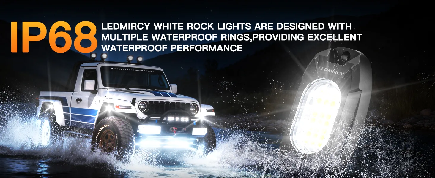 Off-road truck driving through splashing water showcasing the true IP68 waterproof performance of LEDMIRCY pure white LED rock lights.