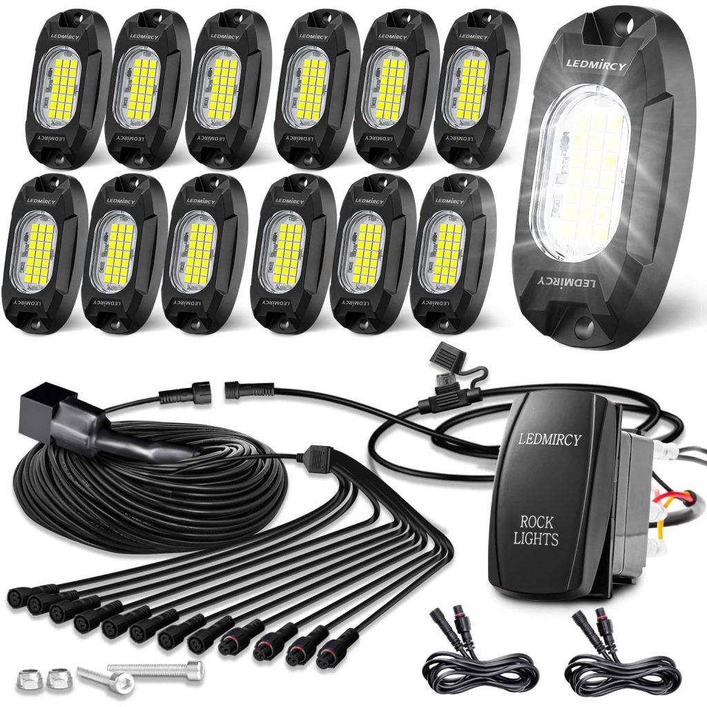 Complete LEDMIRCY R6 pure white rock lights kit including 12 LED pods, plug and play wiring harness, and rocker switch.