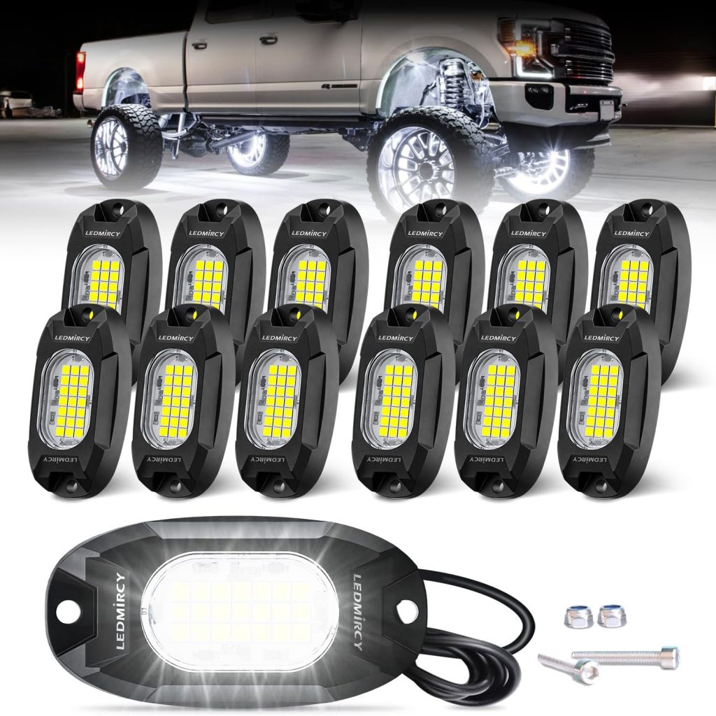 12-piece LEDMIRCY R6 pure white LED rock light kit showing underglow illumination on a white pickup truck.
