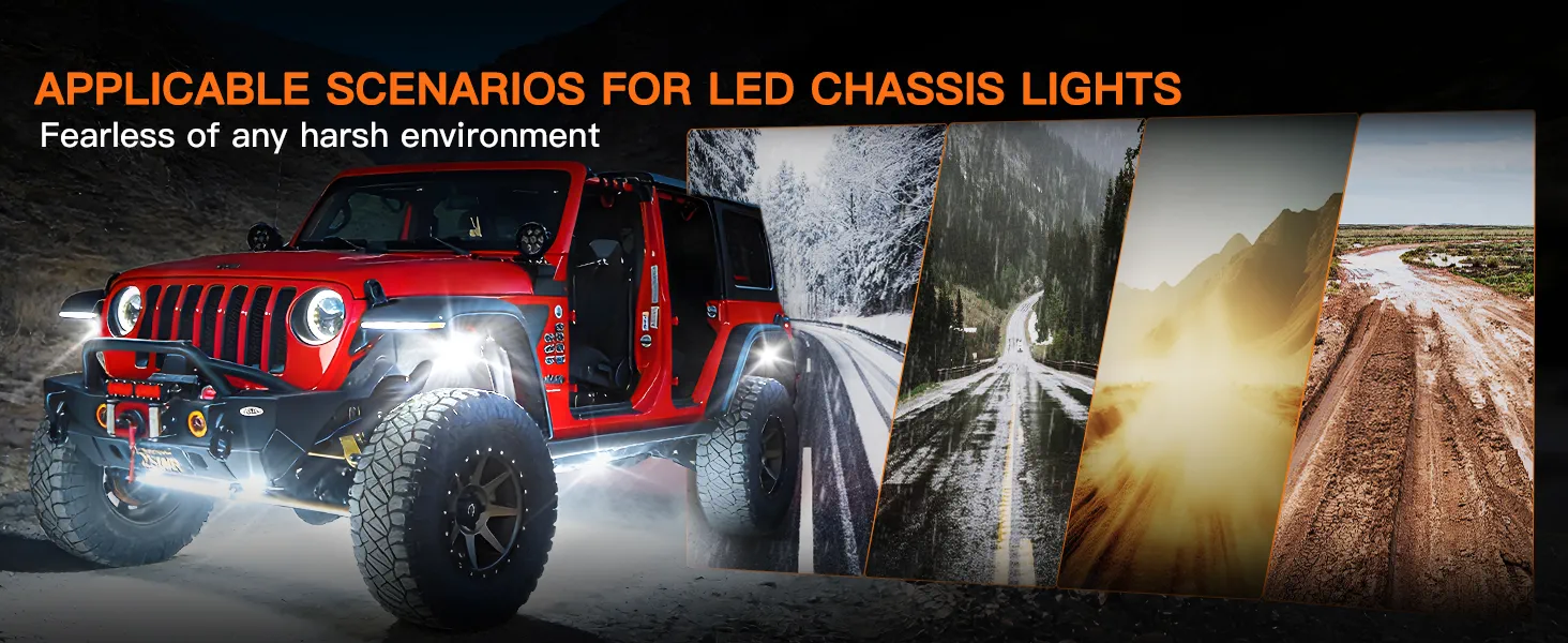 Pure white rock lights illuminating a red Jeep Wrangler across diverse harsh terrains including snow, rainy roads, desert, and mud.