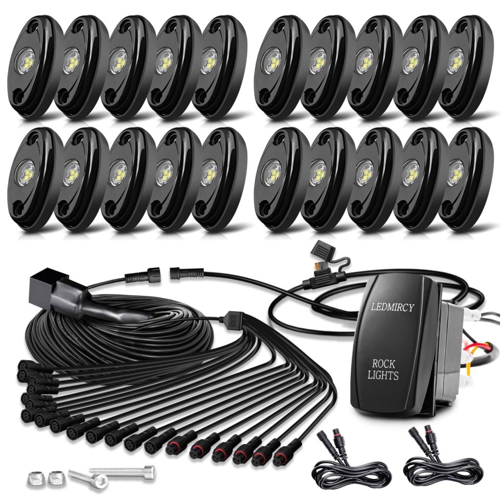 Complete LEDMIRCY 20 piece pure white rock lights kit, displaying all LED pods, main wiring harness, and control switch.