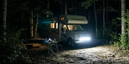 An RV parked in a dark forest at night using a bright front LED light bar to illuminate the campsite, highlighting off-grid uses related to can you drive with a light bar on your RV.